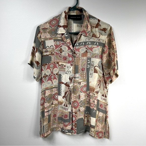 AUGUST Silk sheer short sleeve button down silk Egypt print shirt Sz 6 - Picture 1 of 10